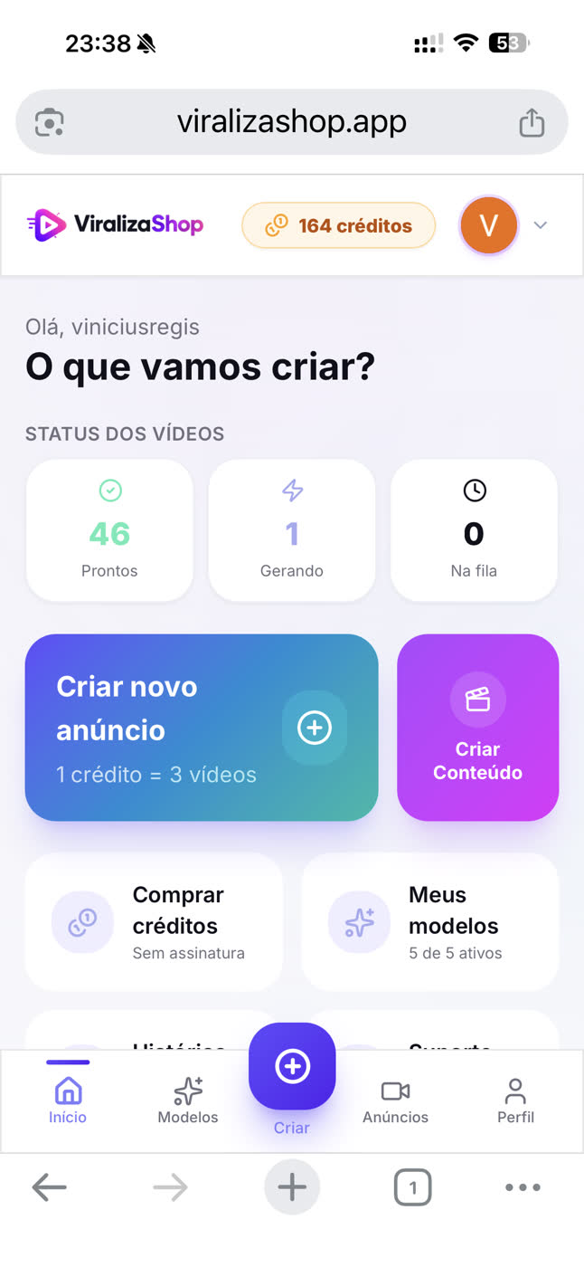 Tela inicial do app com os botões de criar anúncio e criar conteúdo