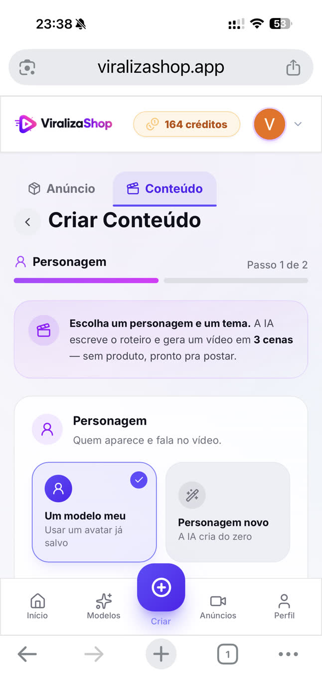 Escolha entre usar um modelo salvo ou criar um personagem novo