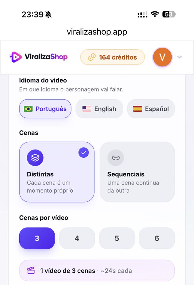 Tela de configuração: idioma, tipo de cena e número de cenas