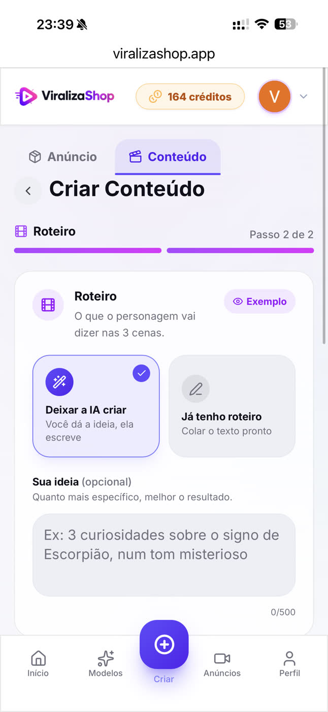 Tela do roteiro escrito pela IA dentro do app